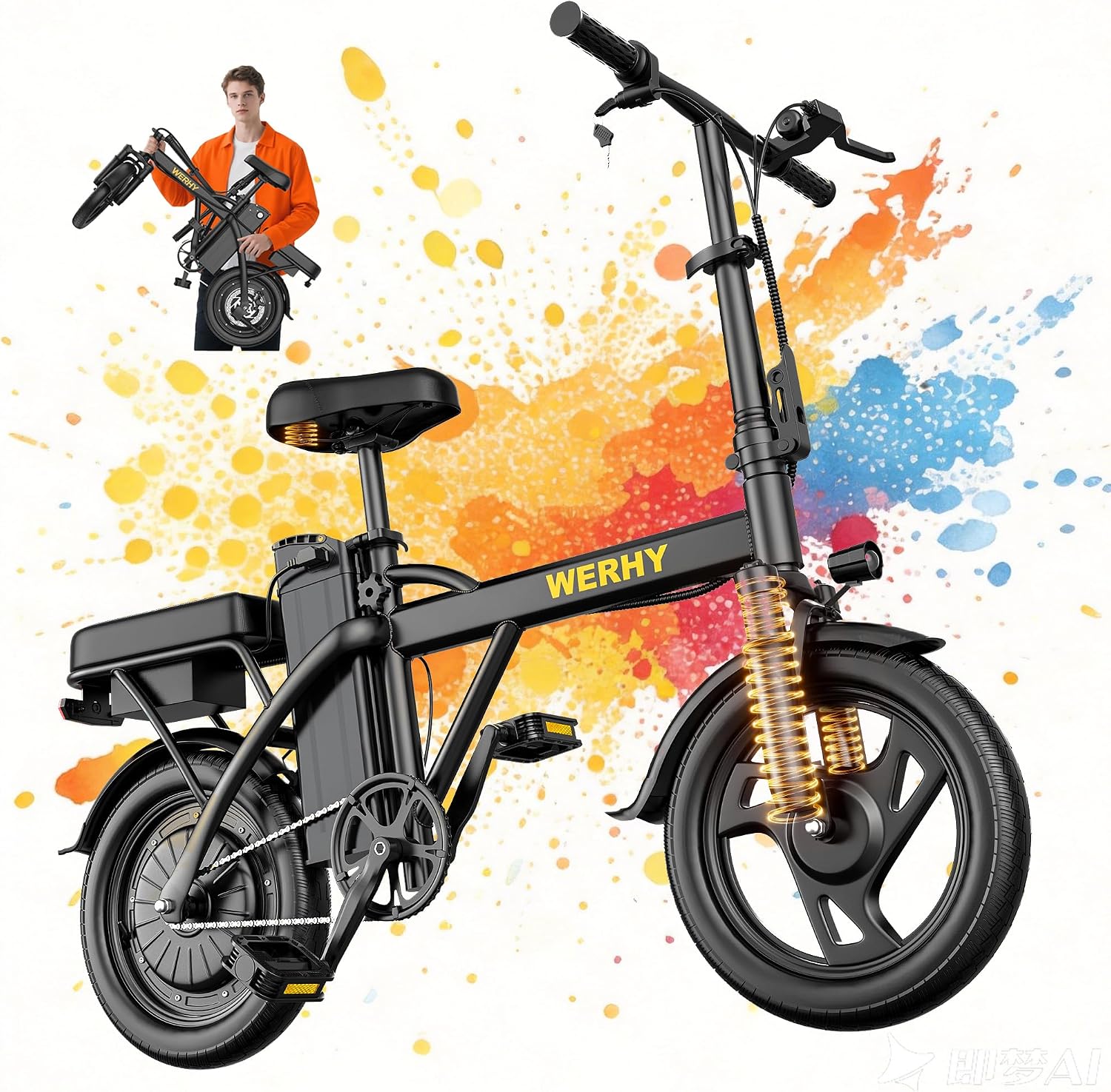WERHY Electric Bike for Adults, 500W Electric Foldable Bike, 20/30 Miles(Pedal Assist Mode), 20MPH E-Bike with 48V Removable Battery, 14" Tire Ebike with Front Dual Suspension